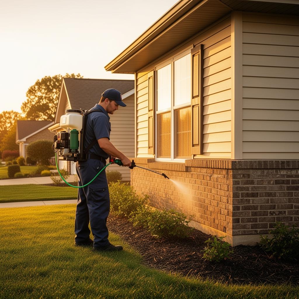 Des Moines Iowa pest control technician treating home